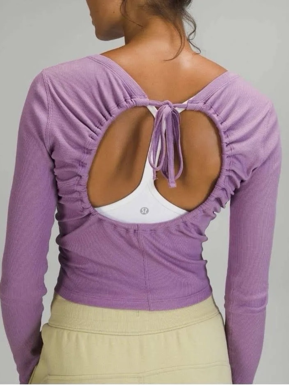 Lululemon Ribbed Knit Open Back Wisteria Purple Cropped Long Sleeve Top - Picture 3 of 7